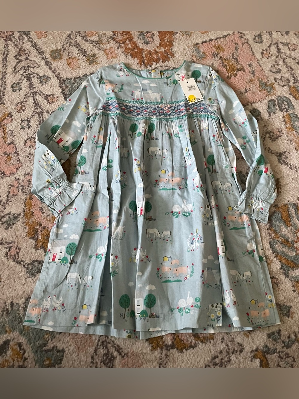 NWT Mini Boden Farm Animal Smocked Long Sleeve Dress